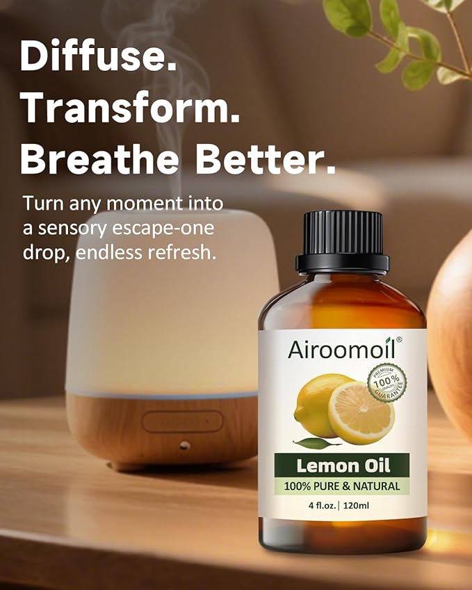 Lemon Essential Oil 4 fl oz (120ml), Large Size for Cleaning, Diffuser & DIY, Aromatherapy, Light Fresh Citrus Scent, No Added Fragrance, Daily-Use Essential Oil for Home & Crafts Airoomoil