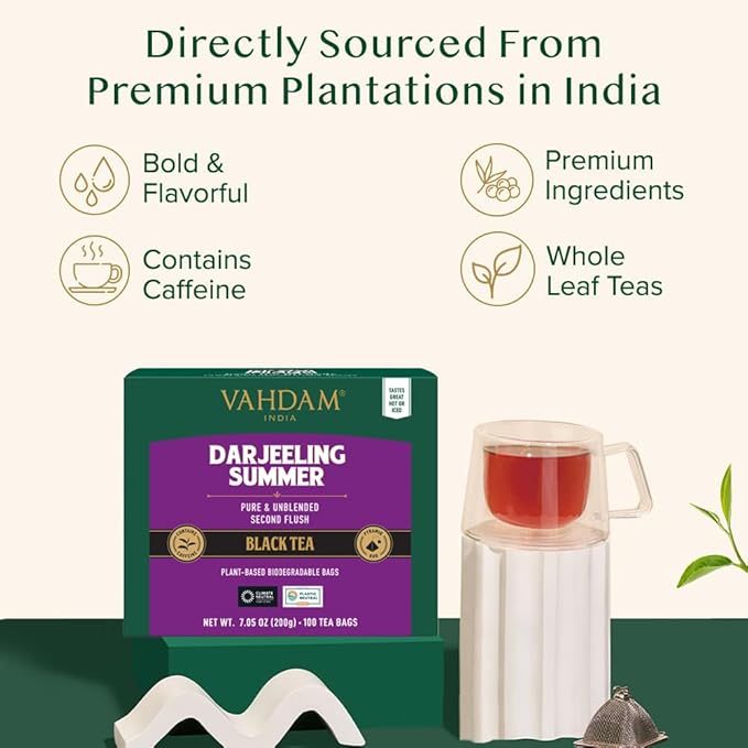 VAHDAM, Darjeeling Black Tea Bags (100 Count) High Caffeine, Non GMO, Gluten Free | Smooth & Sweet Tea With Distinguished Fruity Notes | Full Bodied - Bloomnest