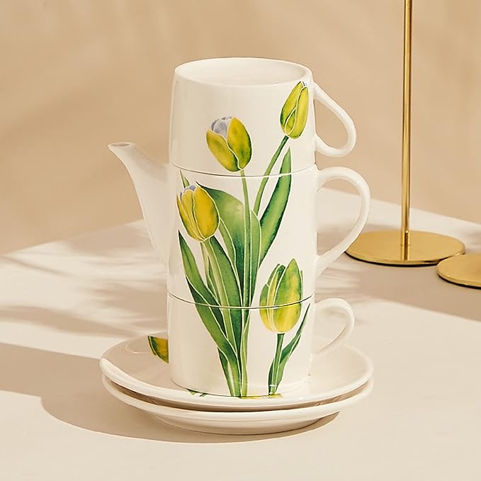 Ceramic Tea Set for Two, 13.6oz Teapot with Infuser, Stacked Kettle Two Cup and Saucer with Handpainted Flower Pattern, Office Home Gift for Women and Adults, Style 2 - Bloomnest