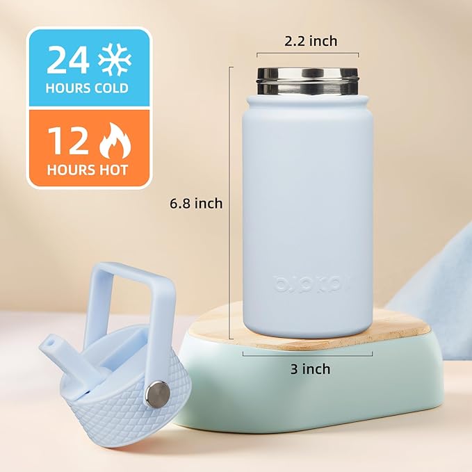 BJPKPK Insulated Water Bottle with Straw Lid, 15oz Cute Water Bottles, Stainless Steel Metal Thermo, Reusable BPA Free Leak Proof Tumblers, Cups,Light Blue - Bloomnest