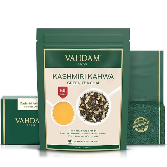 VAHDAM, Kashmiri Kahwa Tea (50 Cups/3.53oz) | Green Tea, Cinnamon, Cardamom, Almond & Saffron | Premium India Loose Leaf Tea | Vacuum Sealed for freshness - Bloomnest