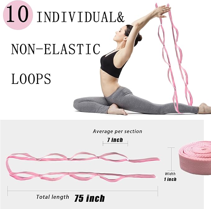 Stretching Strap Yoga Strap with Loops, Stretch Straps for Physical Therapy, Non-Elastic Exercise Strap for Pilates, Dance and Gymnastics with Workout Guide - Bloomnest