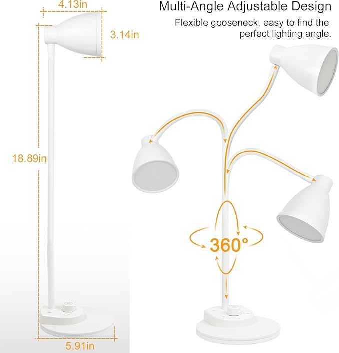 BOHON LED Desk Lamp with USB Charging Port, 3 Color Modes Dimmable Reading Lamp, Auto Dimming Task Lamp, Flexible Gooseneck Table Light for Dorm Bedside, Adapter Include, White - Bloomnest