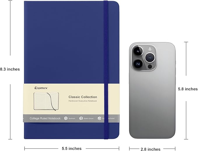 Comix Lined Journal Notebook for Women Men, Journaling Notebooks for Office School Home, 240 Pages, 5.5" x 8.3", College Ruled, A5, Hardcover, Navy Blue - Bloomnest