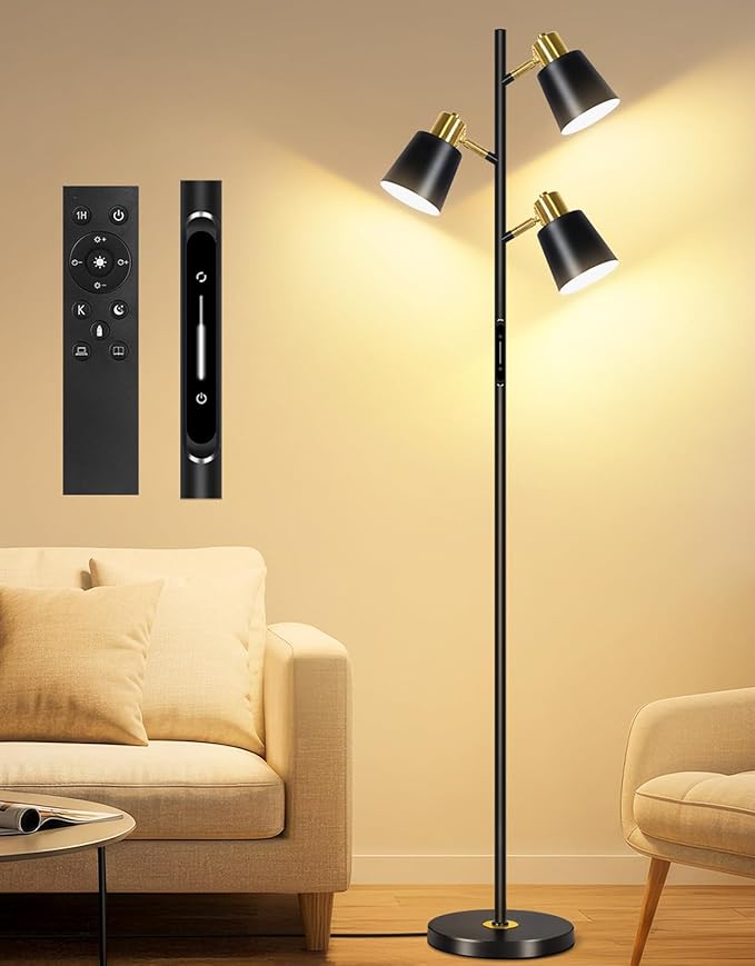 OUTON LED Tree Floor Lamp, Modern Dimmable Standing Lamp with Remote & Touch Control, 4 Color Temperatures, 3 Rotatable Lights Floor Lamps for Living Room, Bedroom, Office, Black & Gold - Bloomnest