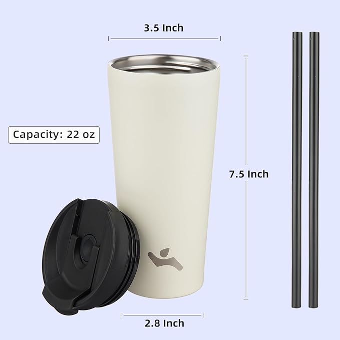 22 OZ Insulated Tumbler with Lid and 2 Straws Stainless Steel Water Bottle Vacuum Travel Mug Coffee Cup,Angel White - Bloomnest
