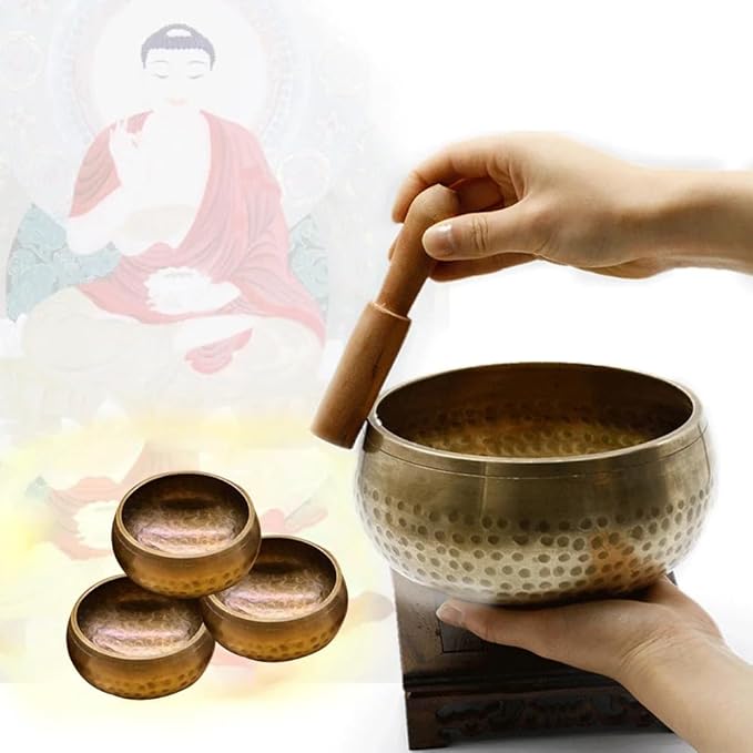 4.3‘’Handmade Buddhist Brass Music Bowl, Singing Bowl with Wood Mallet for Meditation, Yoga, Chanting, Music Therapy - Bloomnest
