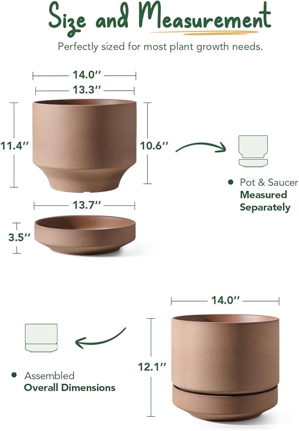 LE TAUCI Large 14 Inch Plant Pot with Saucer | Ceramic Outdoor & Indoor Big Planter Pot | Drainage Hole, Mesh Pad & Plug | Unglazed Porous | Modern Minimalist for Home and Patio – Terracotta Color - Bloomnest