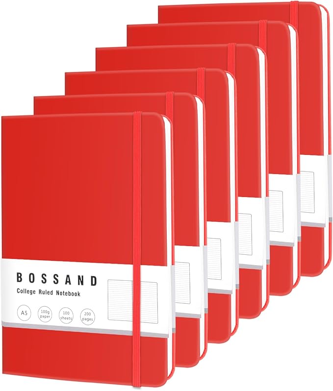 BOSSAND College Ruled Notebooks, 6 Pack A5 Lined Journal Notebooks, 200 Pages 100 GSM Thick Paper, Hardcover, 8.25 inches x 5.75 inches, Red - Bloomnest