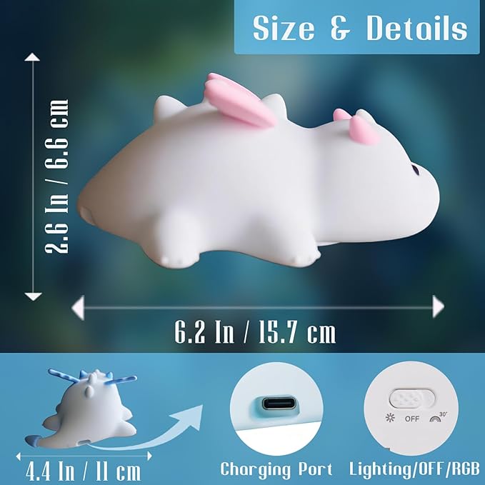 Dragon Night Light, Cute Pink Dragon Gifts, Soft Silicone Lamp with 3 Level Warm Light and RGB Changing, Breastfeeding Nursery Portable Kawaii Bedside Lamp for Baby, Toddler, Boys and Girls - Bloomnest