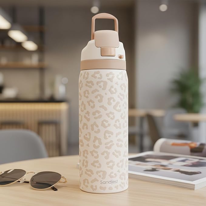 Leopard Print Insulated Stainless Steel Water Bottle with Straw for Sports and Travel, 32oz, Gifts for Women Girls Friends Teens Birthday Christmas (Beige) - Bloomnest