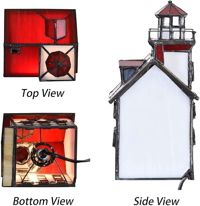 Bieye L10778 Lorain Lighthouse Tiffany Style Stained Glass Accent Table Lamp Night Light for Home Decoration (4x5x9, Red) - Bloomnest