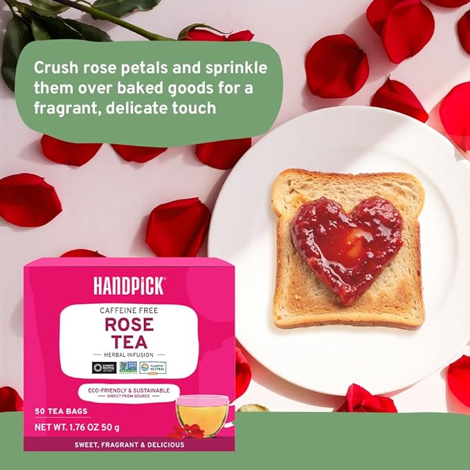 HANDPICK, Rose Buds Herbal Tea Bags - 50 Count | Caffeine Free Rose Tea with Chamomile & Tulsi | Floral & Smooth | Round Eco-conscious Tea Bags - Bloomnest