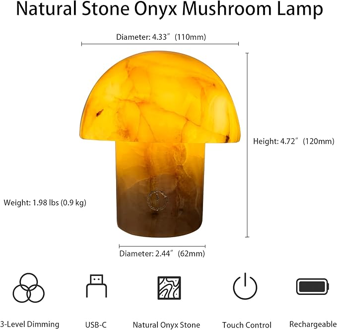 Marble Touch Table Lamp 4.3" x 4.7" – Natural Onyx Mushroom LED Night Light, Rechargeable Soft Glow Stone Bedside Lamp for Meditation, Yoga, Bedroom, Entryway Decor - Bloomnest