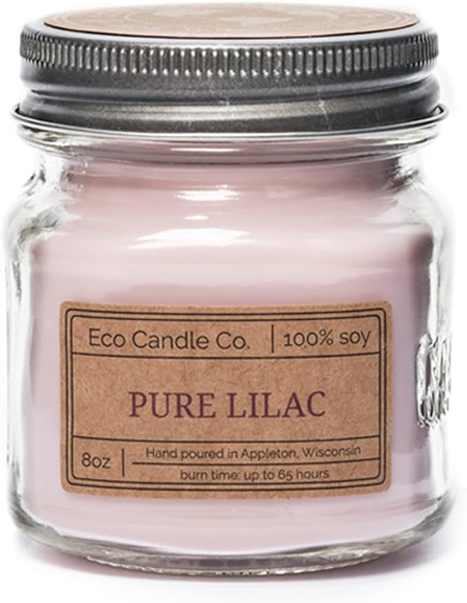 ECO CANDLE CO. Mason Jar Candle, Pure Lilac, 8 oz. - Scents of Pure Lilac Bushes - 100% Soy Wax, No Lead, Kraft Label & Antiqued Pewter Lid, Hand Poured, Made from Midwest Grown Soybeans - Bloomnest