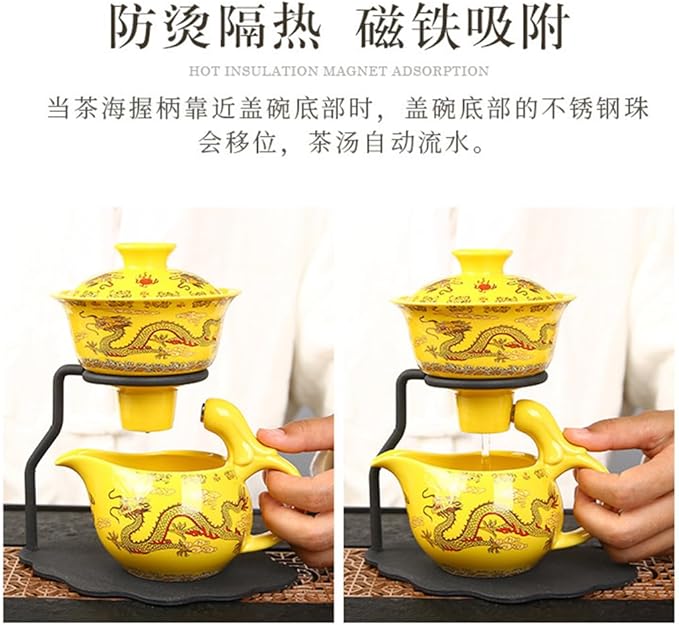 Chinese Gongfu Tea Gift Set, Semi Automatic Drip Rotating with Infuser Handmade Ceramics Tea Pot 6 Cups Yellow Dragon - Bloomnest