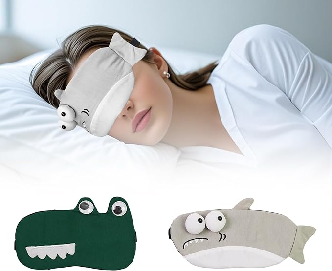 Cute Sleep Eye Masks for Kids, Kawaii Cartoon Kids Sleeping Mask for Women Boys Girls Teens, Soft Plush Adjustable Eyeshade Silk Travel Nap Eye Cover (Gray Shark+Green Crocodile) - Bloomnest