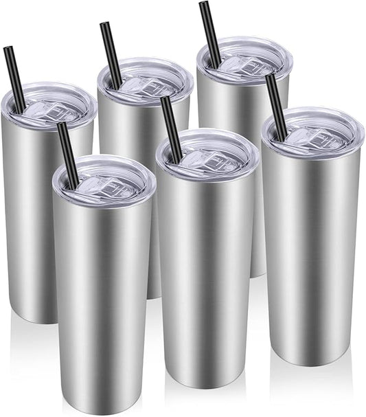 VEGOND Stainless Steel Tumblers Bulk 6 Pack, 20 oz Vacuum Insulated Skinny Tumblers with Lid and Straw, Double Wall Coffee Mug, Travel Water Cup - Bloomnest