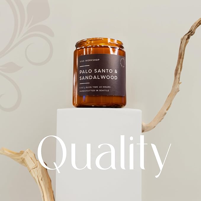 Palo Santo & Sandalwood Natural Soy Wax Scented Candle – Crafted in USA, Seattle – Gift for Birthday, Meditation, Home, Spa – Aroma Candle for Relaxing – Aromatherapy Scented Candles for Women & Men VivaWorkshop
