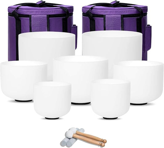 432hz Crystal Singing Bowl 6-12inch Set of 7 Pure White for Meditation Yoga Heart Chakra Meditation Heavy Duty Carrying Case with Sponge Padded Bundle Rubber Mallet Suede Striker O ring - Bloomnest
