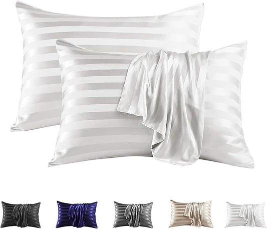 MR&HM Satin Pillowcase for Hair and Skin, Silk Satin Pillowcase 2 Pack, Standard Size Pillow Cases Set of 2, Silky Pillow Cover with Envelope Closure (20x26, Ivory Striped) - Bloomnest