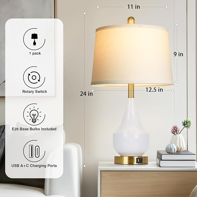 Modern White Table Lamp, 24" Ceramic Table Lamp with USB A+C Ports,Classic Beside Lamps Nightstand Lamp Modern Lamp for Living Room, Bedroom & Office -LED Bulbs Included - Bloomnest
