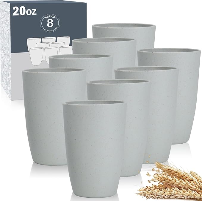 Wheat Straw Cups 8 PCS Good Alternative to Plastic Reusable Cups 20 oz Unbreakable Drinking Cup Reusable Dishwasher Safe Water Plastic Glasses Light Grey - Bloomnest