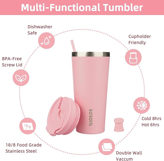BJPKPK 22oz Tumbler With lid And Straw Stainless Steel Travel Coffee Mug Insulated Tumblers Cups,Light Pink - Bloomnest