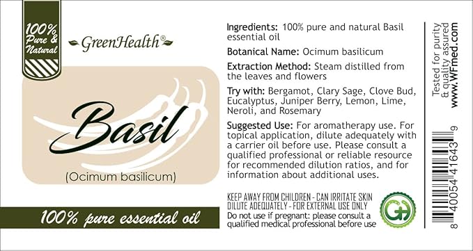 Basil Essential Oil – 16 fl oz (473 ml) Amber Glass Bottle – 100% Pure, Undiluted, Therapeutic Grade – Fresh, Herbaceous Aroma – GreenHealth - Bloomnest