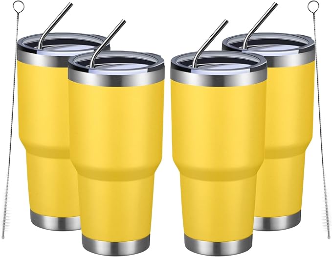 MEWAY 30oz Insulated Tumbler With Lids and Straws,Stainless Steel Double Vacuum Coffee Tumbler Cup, Brush, Durable Powder Coated Coffee Cup for Cold & Hot Drinks, Office, Travel(Yellow,4 PACK) - Bloomnest