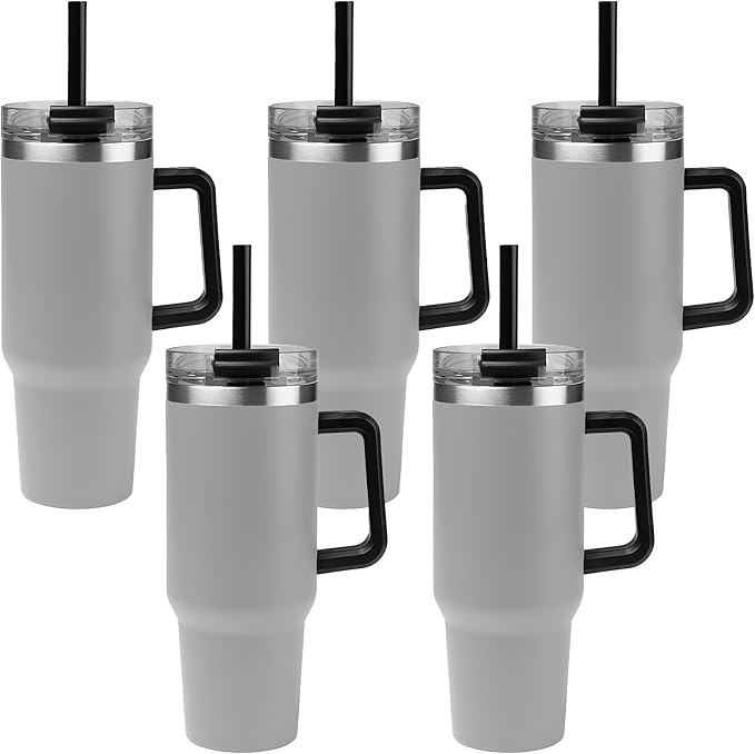 5 Ct of 40 Oz Intrepid Stainless Steel Tumbler with Lid, Straw & Handle – Gray – Customizable Insulated Cups for Water, Coffee, Hot & Iced Drinks – Great for DIY, Events, Work - Bloomnest