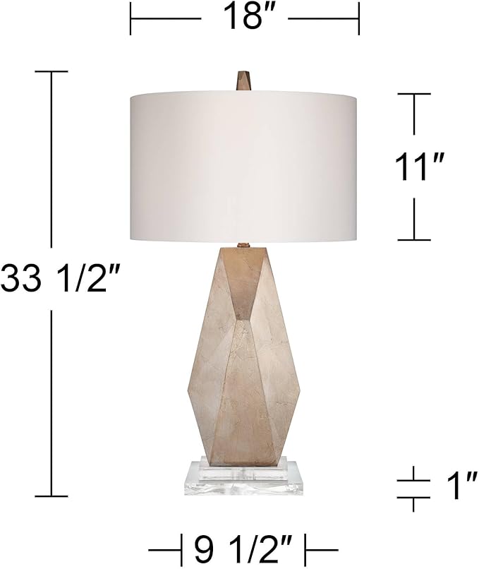 Possini Euro Design Modern Table Lamp with Acrylic Riser 32 1/2" Tall Champagne Gold Off-White Fabric Hardback Drum Shade Decor for Bedroom Living Bedside Nightstand Home Office Kids Room - Bloomnest