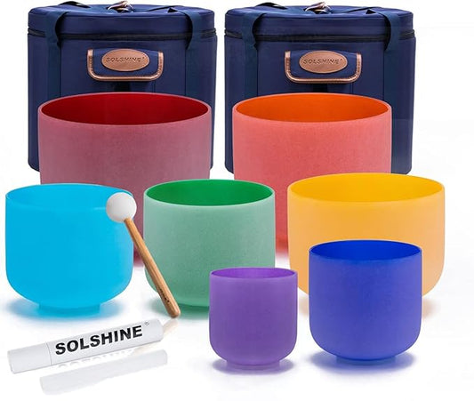 SOLSHINE Set of 7 Colored Crystal Singing Bowl 6''-12'' For Meditation Sound Healing with 2 Travel Carry Case Bag and Singing Bowl Resonance Striker - Bloomnest
