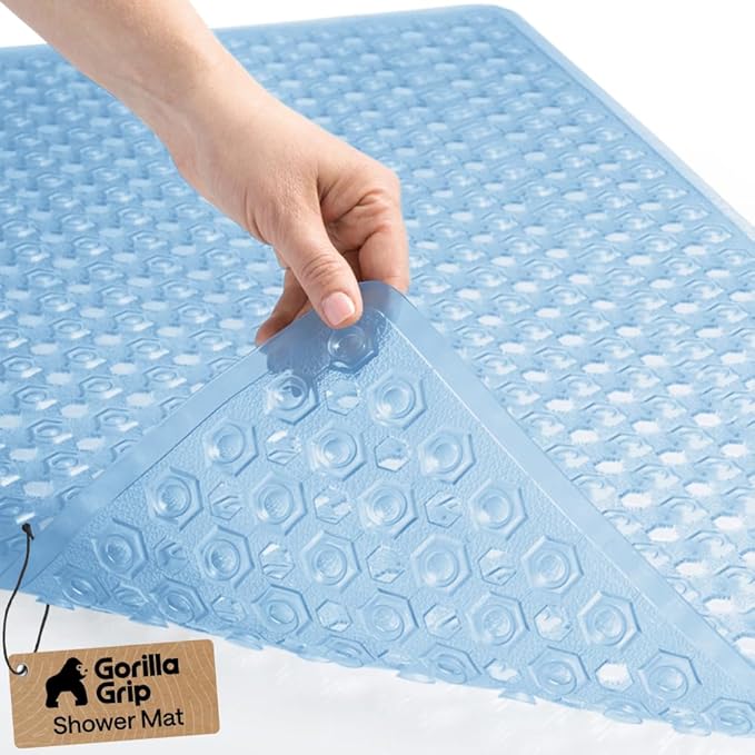 GORILLA GRIP Patented Bath Tub Shower Mat, Machine Washable Bathtub Floor Liner Mats, Suction Cups and Drain Holes to Keep Tubs Clean, Soft on Feet, Bathroom Essentials, 35x16 Inch, Clear Blue - Bloomnest