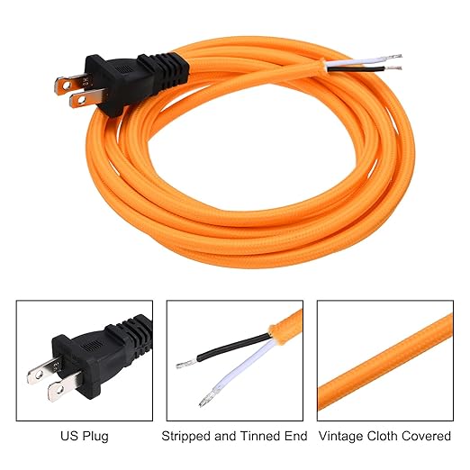 uxcell 8Ft 18/2 Cloth Covered Lamp Cord with Plug, Vintage Electrical Lamp Cord with Stripped Ends for Extension Wiring DIY Repairing, Orange