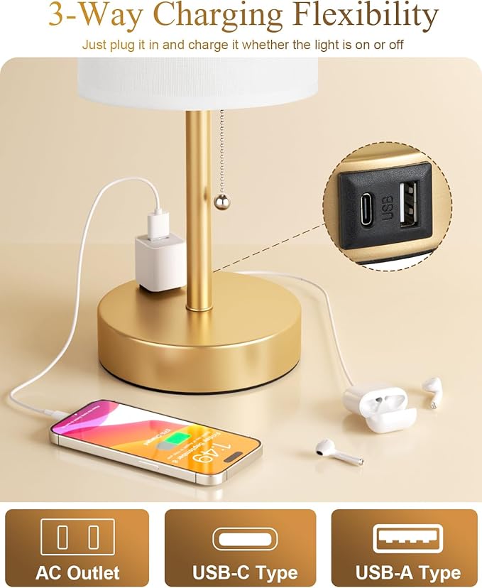 Fenmzee Plus Gold Bedside Lamps Set of 2-3 Color Temperatures Pull Chain Lamp with AC Outlet Charging Port, Round Night Stand Lamps for Bedroom, Bed Side Light with E26 LED Bulbs - Bloomnest