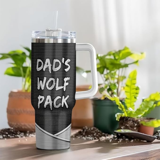 Personalized Dad Wolf Pack Tumbler 40oz with Handle and Straw, Custom Name Stainless Steel Cup with Wolves and Kids' Names, Unique Gift for Father’s Day, Birthday or Christmas - Bloomnest