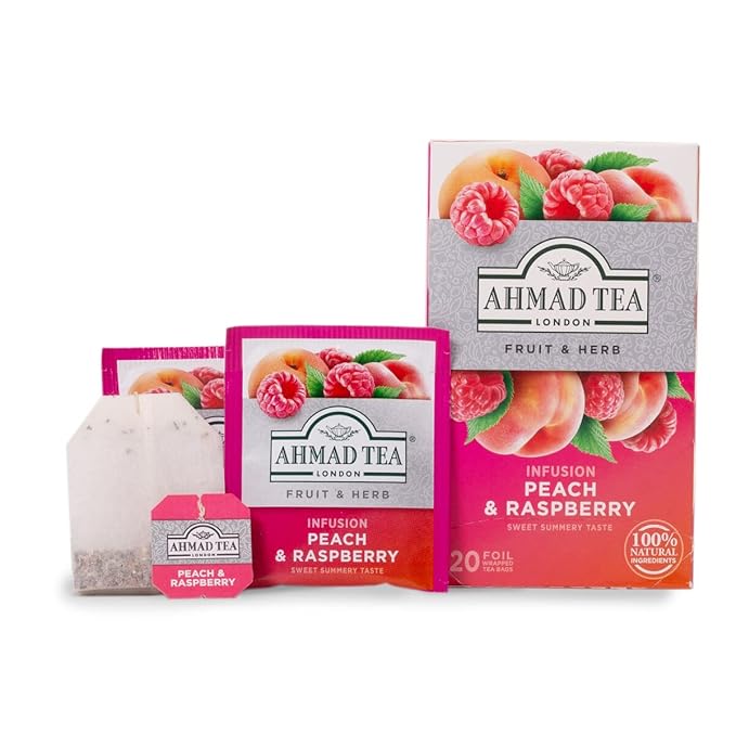 Ahmad Tea Infusions, Peach and Raspberry Teabags, 20 ct (Pack of 1) - Decaffeinated & Sugar-Free - Bloomnest