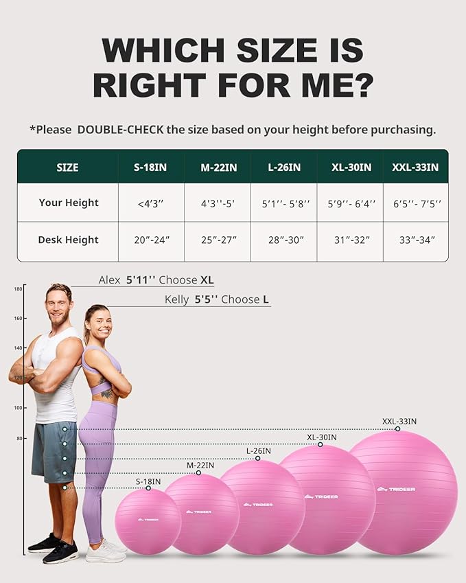 Trideer Exercise Ball for Yoga, Pilates & Fitness – Stability Ball Equipment for Home Gym & Office Chair, Core & Balance Training Accessories, Physical Therapy Equipment, Quick Pump Included, 5 Sizes - Bloomnest