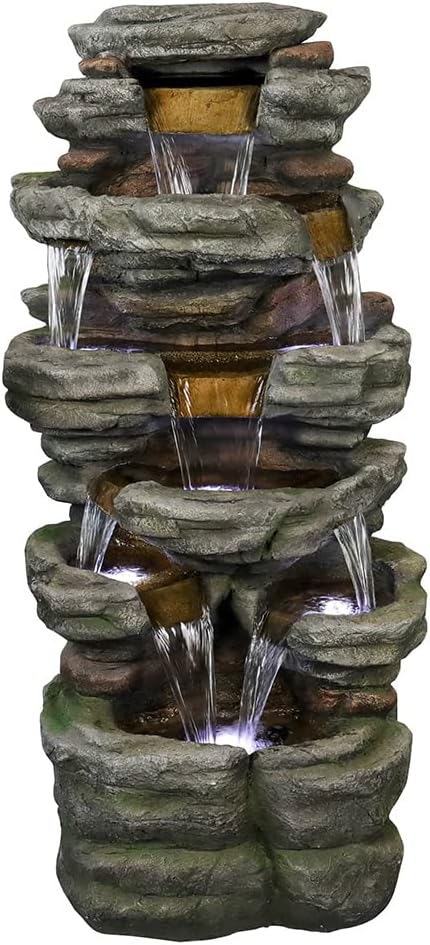 Naturefalls 47.2inches Outdoor Rockery Water Fountain with Led Lights - Poly-Resin Rock Cascading Water Fountains - Relaxation Water Features for Patio, Yard, Deck, Garden Decor - Bloomnest