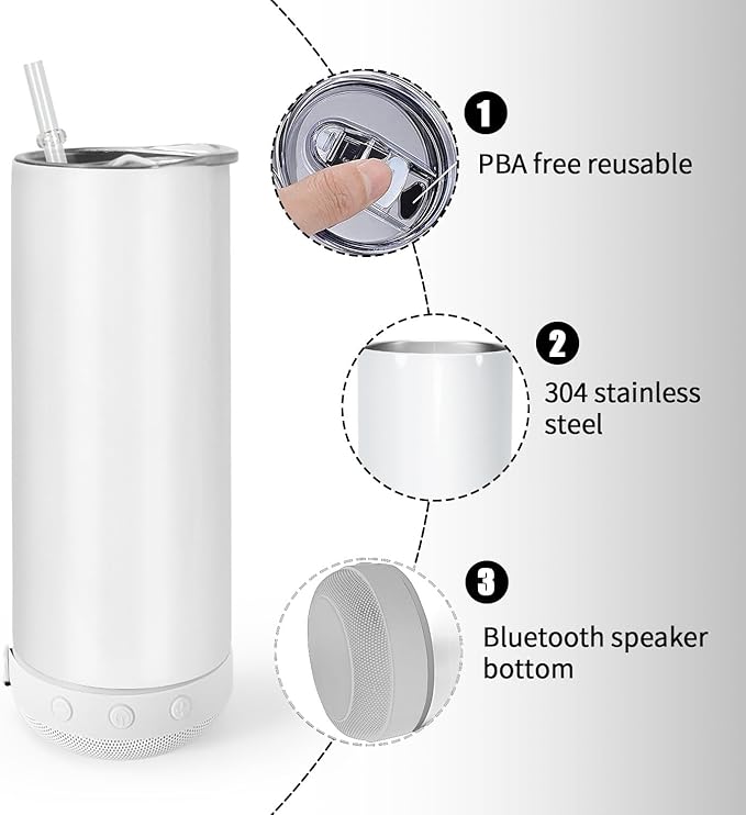 AGH 6 Pack Music Speaker Straw Lid Cup, 20oz Sublimation Skinny Stainless Steel Double Wall, Speaker Tumbler with Detachable LED Light, DIY Gifts (Multicolor) - Bloomnest