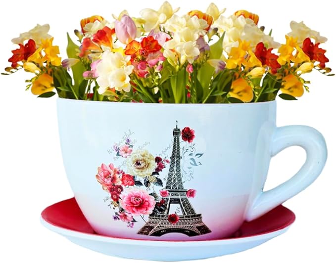 7.5" Ceramic Teacup Planter Pot with Saucer | Ideal for Succulents, Orchids, Herbs & Flowers | Indoor & Outdoor Use for Wedding & Home Decor & More - RED - Paris Eiffel Tower - Bloomnest