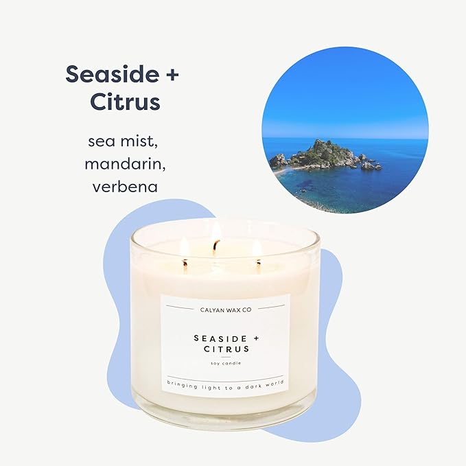 Calyan Wax Co. Seaside & Citrus 3 Wick Scented Candle - 43 Hour Burn - Luxury 3 Wick Soy Candles - Non Toxic Soy Wax Candles - Long Lasting Large Glass Jar Candle for Home - 14.9oz - Bloomnest