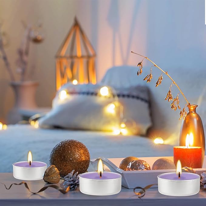 Purple Lavender Scented Tealight Candles - 4 Hours - Giant 100 Bulk Packs - Smokeless Tea Lights for Valentine's Day, Weddings,Christmas, Home Decorative - Bloomnest