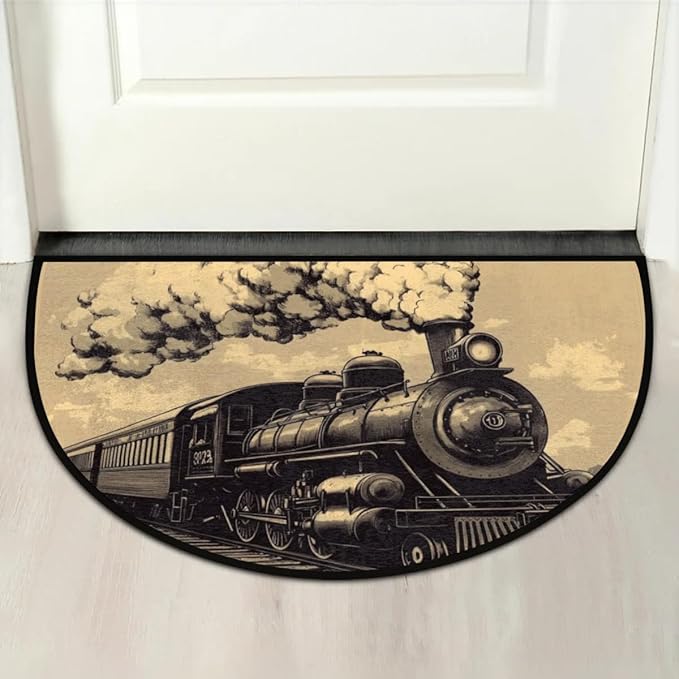 Half Round Door Mat,Old Train Steam Locomotive Half Circle Rug for Home Decor Floor Indoor Outdoor Non-Slip Washable Steam Train Half Moon Rug Doormat 36X24 Inch - Bloomnest
