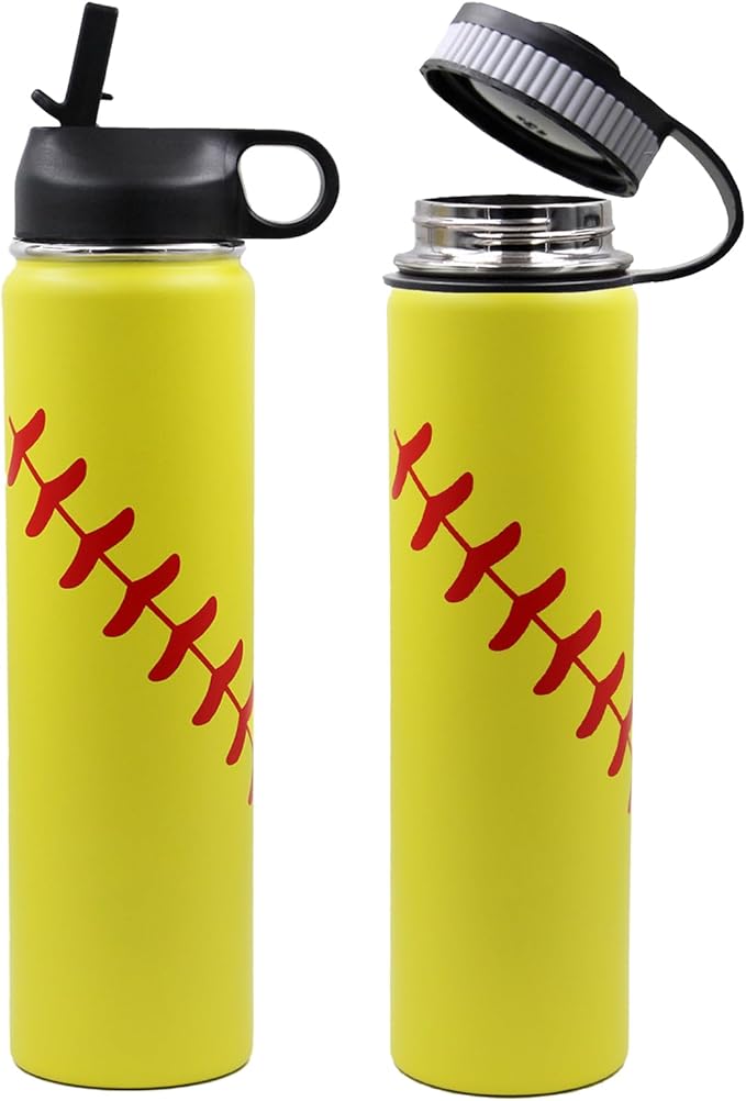 25 oz Softball Water Bottle, Wide Mouth Sports Flask Metal Travel Tumbler with 2 Lids, Stainless Steel Double Wall Vacuum Insulated Leak Proof Thermo Water Bottles, Softball Stuff Gifts for Mom Girls - Bloomnest