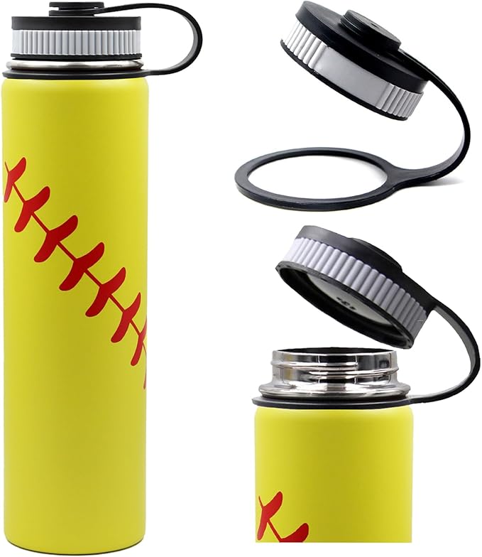 25 oz Softball Water Bottle, Wide Mouth Sports Flask Metal Travel Tumbler with 2 Lids, Stainless Steel Double Wall Vacuum Insulated Leak Proof Thermo Water Bottles, Softball Stuff Gifts for Mom Girls - Bloomnest