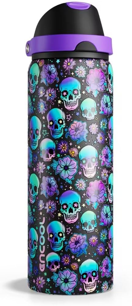 Insulated Water Bottle with Straw - Encool Stainless Steel Water Bottle with Push Button Lid, Leak-Proof & BPA-Free, Keeps Cold for 24 Hours for Sports, Travel, Gym (32 oz, Floral Afterlife) ENCOOL