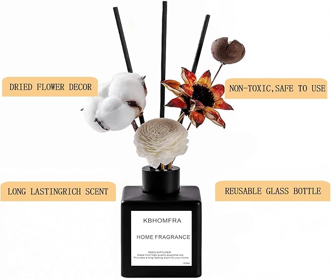 Reed Diffuser Set with Dried Flowers, Jasmine Gardenia Sandalwood Scent, Black Glass Bottle, 5.07fl oz, Aromatherapy Home Fragrance for Bedroom Bathroom (Lime Basil Citrus) - Bloomnest