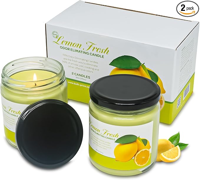 Candle Set Lemon Fresh Odor Eliminating – 2 Pack - 12oz – Long-Lasting Soy Wax Candles – Neutralizes Pet, Kitchen & Smoke Odors – Clean Burn, Eco-Friendly, Aromatherapy Candle - Bloomnest